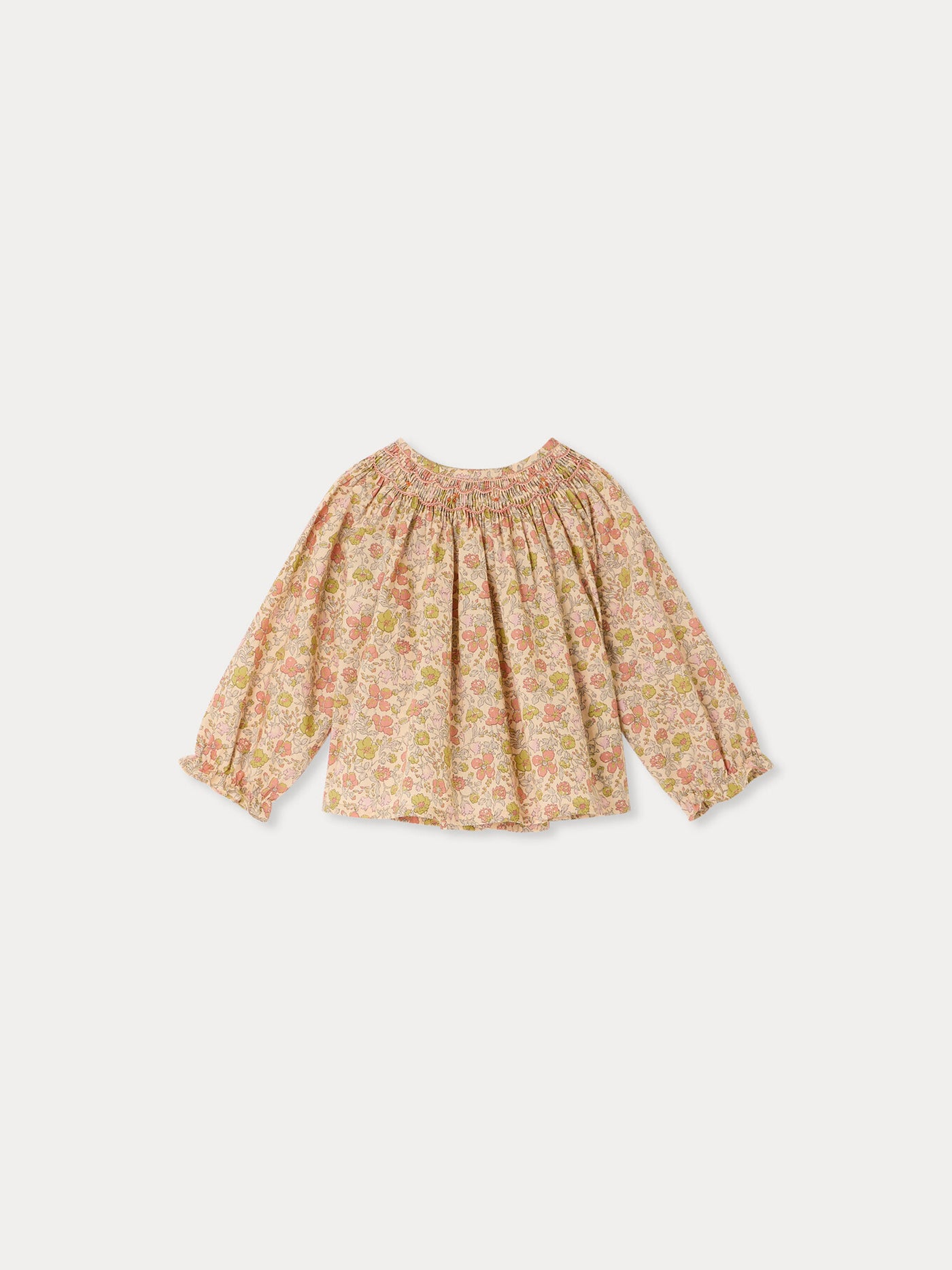 Blouse bébé Griotte en tissu Liberty smockée et brodée main en coton biologique
