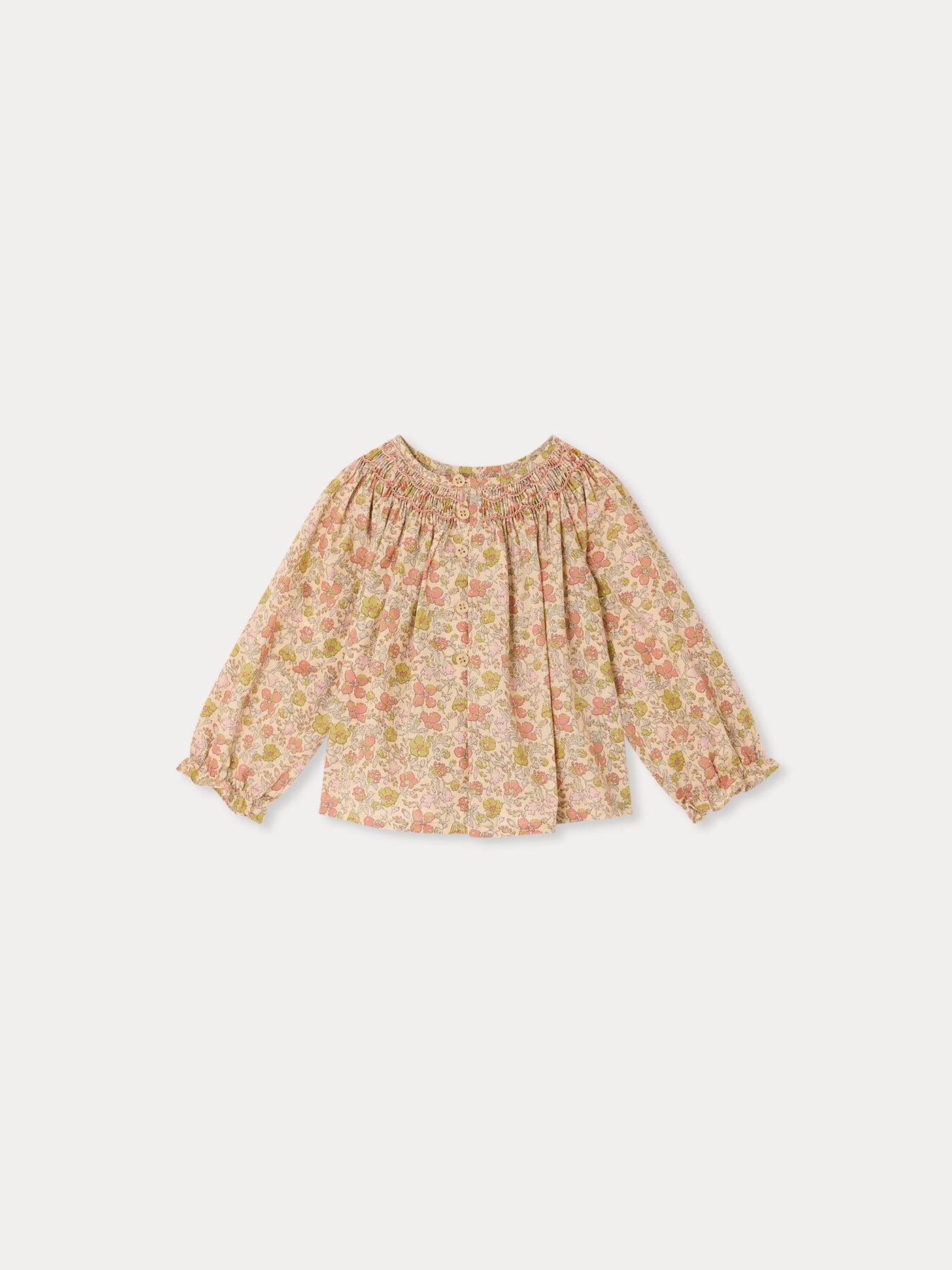 Blouse bébé Griotte en tissu Liberty smockée et brodée main en coton biologique