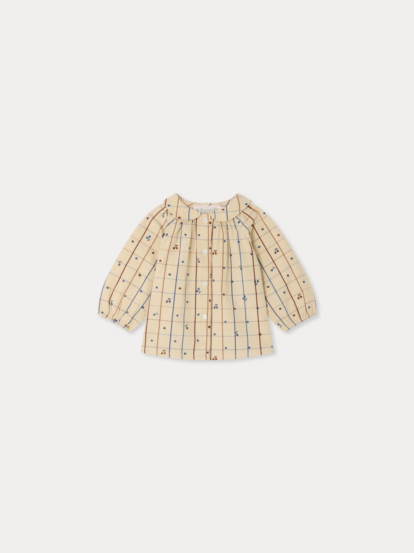 Blouse bébé Domino à col Claudine et cerises brodées main en coton biologique