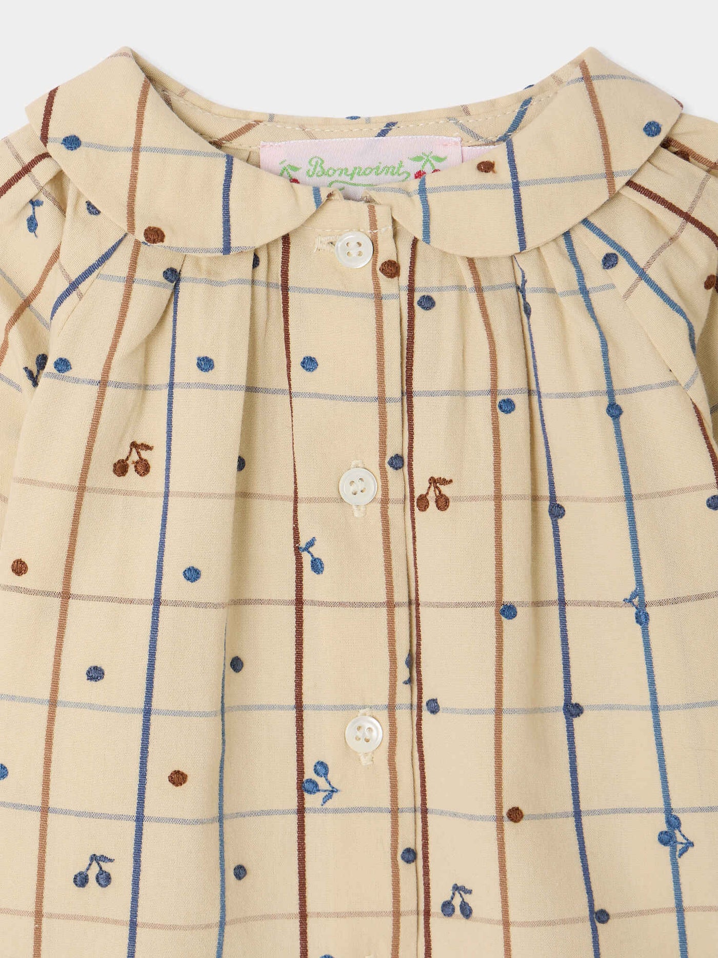 Blouse bébé Domino à col Claudine et cerises brodées main en coton biologique