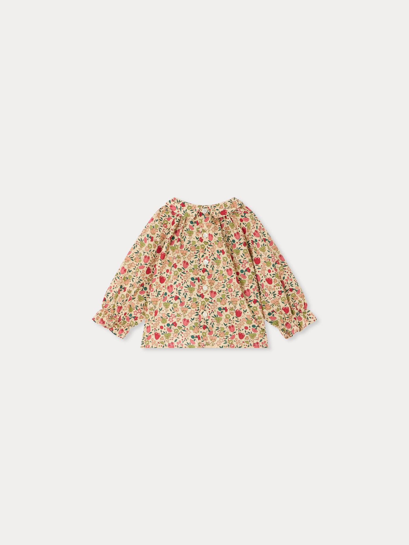 Pompom Baby-Bluse aus Liberty-Stoff, gesmokt und handbestickt, Bio-Baumwolle