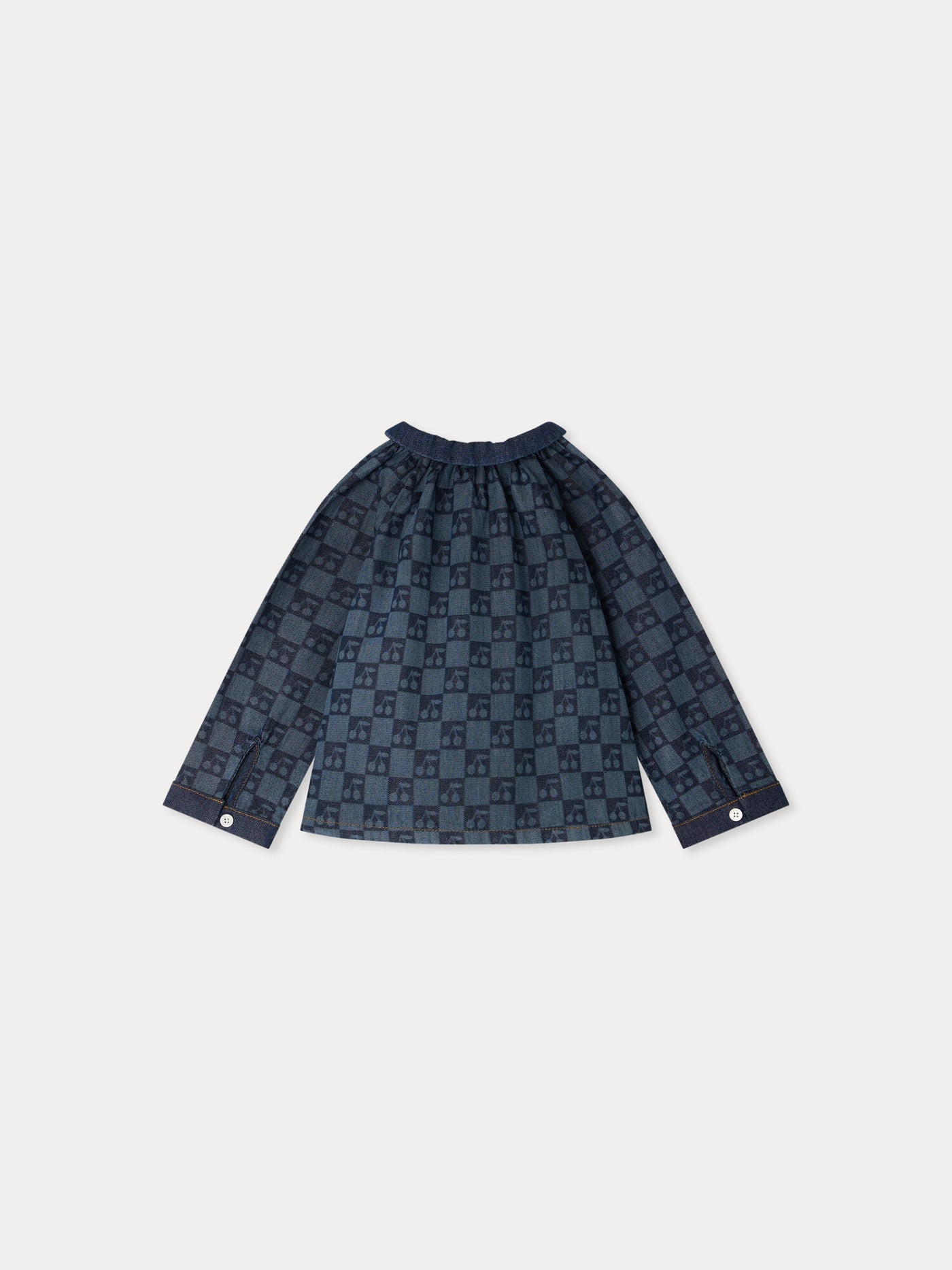 Blusa de bebé Momino con cuello Peter Pan estampado a cuadros de cerezas en algodón orgánico