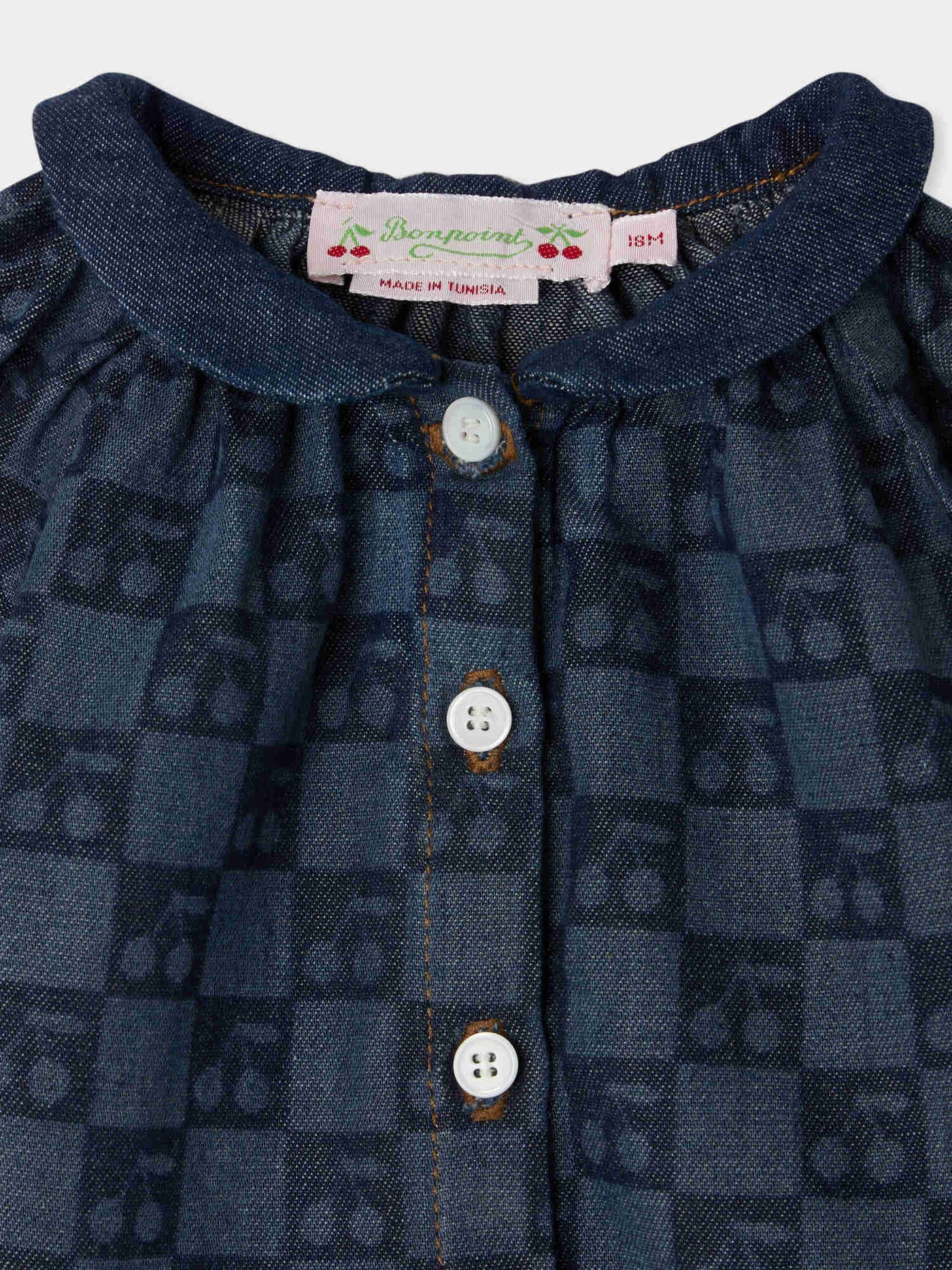 Blusa de bebé Momino con cuello Peter Pan estampado a cuadros de cerezas en algodón orgánico