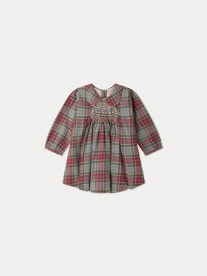Vestido de bebé Mauve de cuadros con cuello Claudine fruncido y bordado a mano