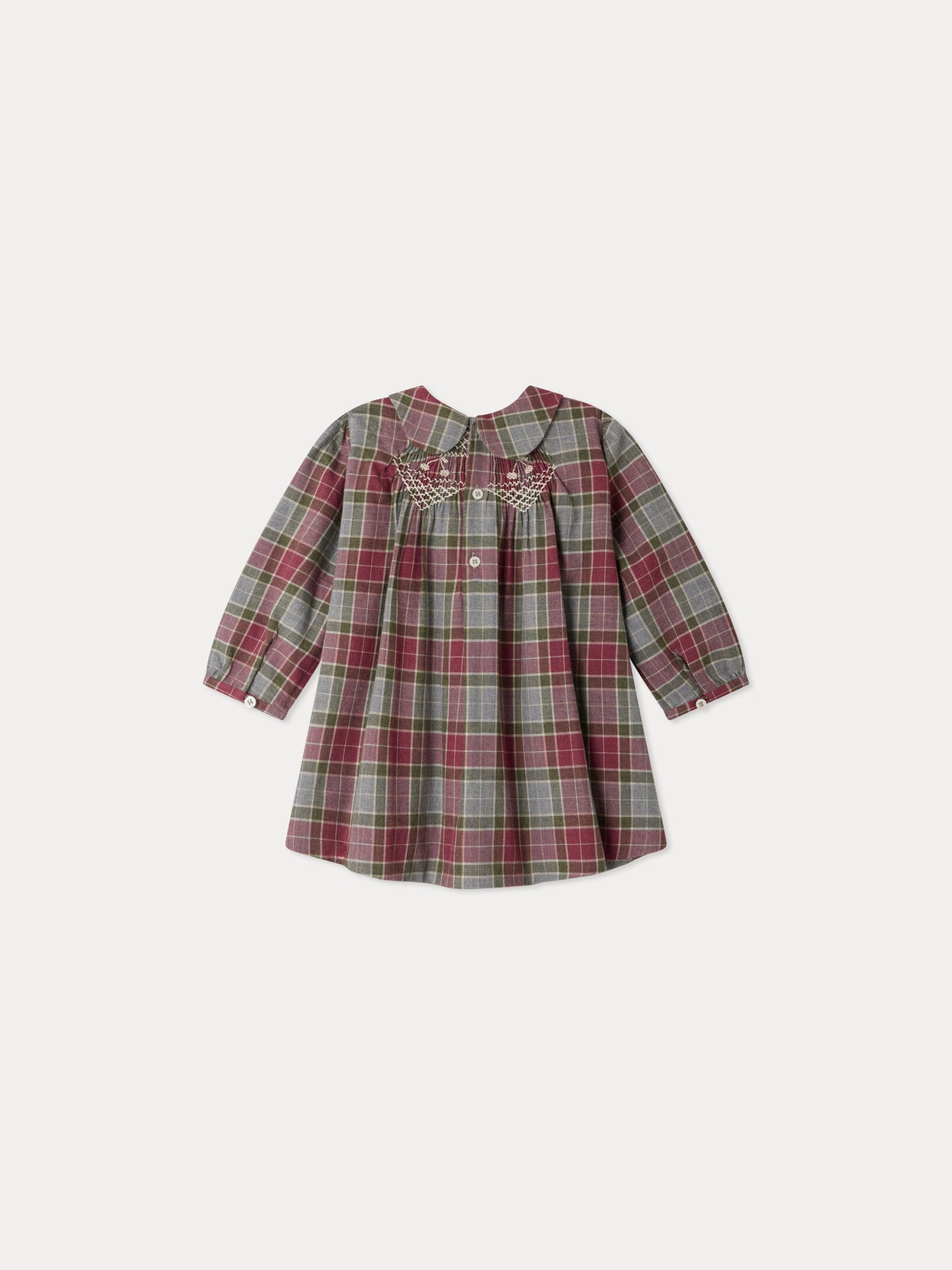 Robe bébé Mauve à carreaux avec col Claudine smockée et brodée main
