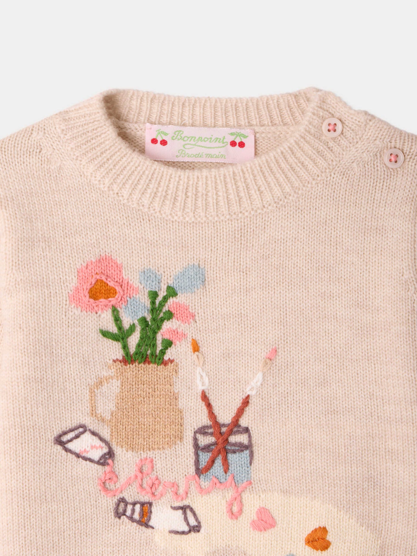 Almire baby sweater with hand embroidered painter's workshop
