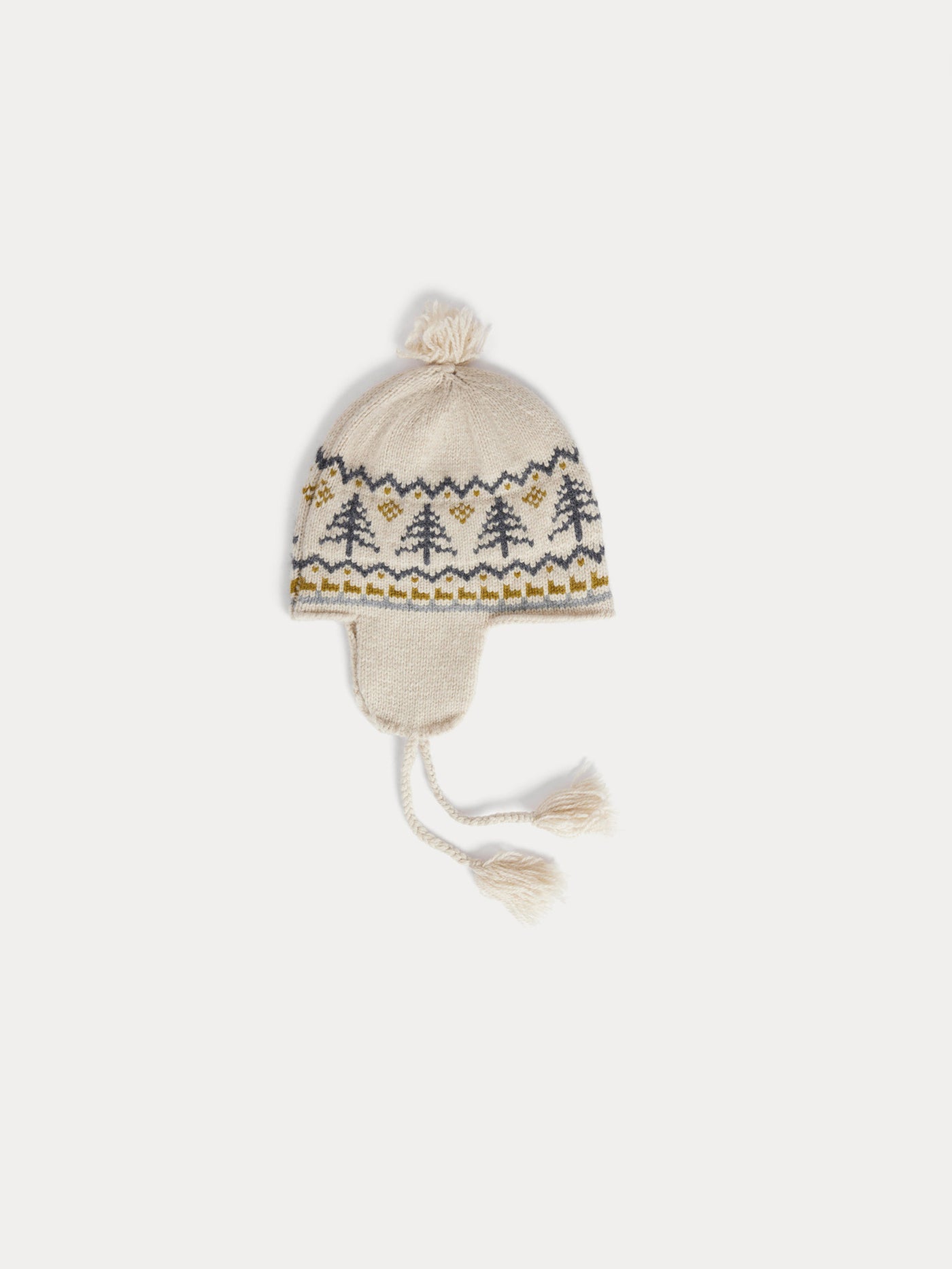 Baby-Mütze Tinna aus Tannenbaum-Jacquard mit Bommel und Kordeln